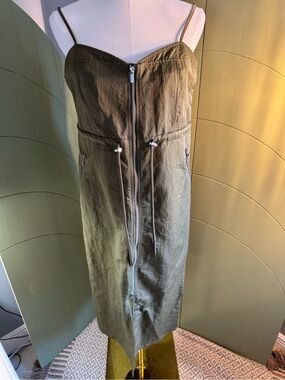 Olive Zip-Front Spaghetti-Strap Midi Dress